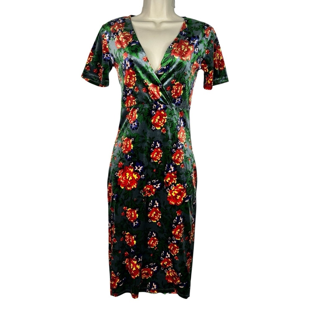 Zara Trafaluc Velvet Floral Midi Dress Wrap V Neck Small Y2K Inspired Party